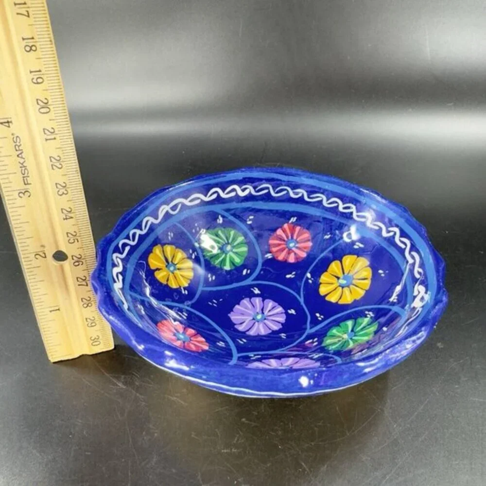 Vintage Hand Made Mexico Folk Art Pottery‎ Footed Bowl Dish Multicolor Blue Dish